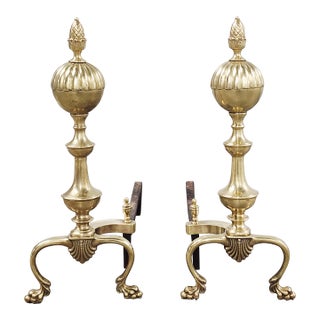 Antique English 19th Century Brass Andirons - A Pair For Sale