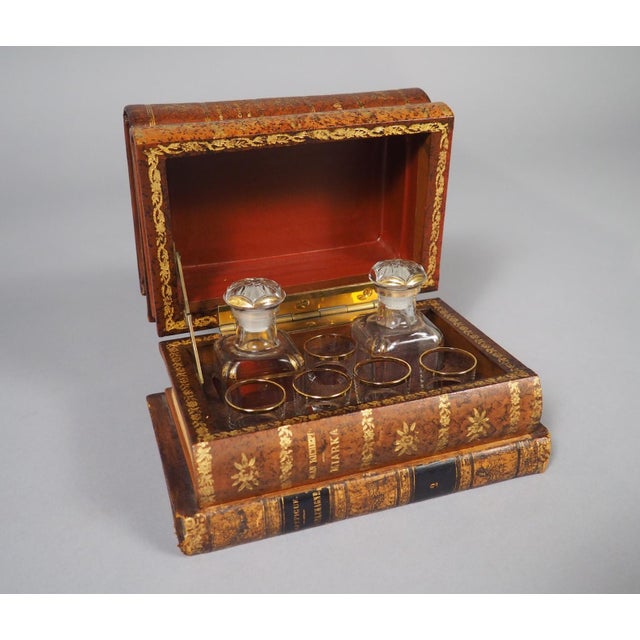 French Leather Faux Book Stack Cave a Liqueur, Circa 1900 - Set of 7 For Sale - Image 14 of 18
