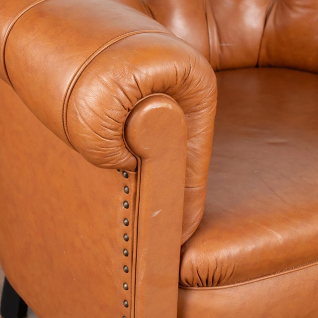 Wood Pair, Vintage Brown Leather Barrel Back Arm Chairs, Denmark Circa 1940 For Sale - Image 7 of 13