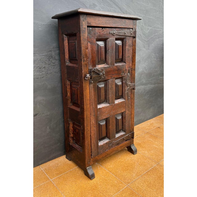 Brown Spanish Rustic Solid Oak Cabinet with Paneled Door and Iron Hardware, 1880s For Sale - Image 8 of 10