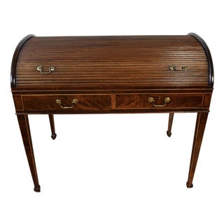 1870s Antique English Regency Mahogany Inlaid Cylinder Tambour Roll-Top Desk For Sale