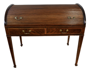 1870s Antique English Regency Mahogany Inlaid Cylinder Tambour Roll-Top Desk