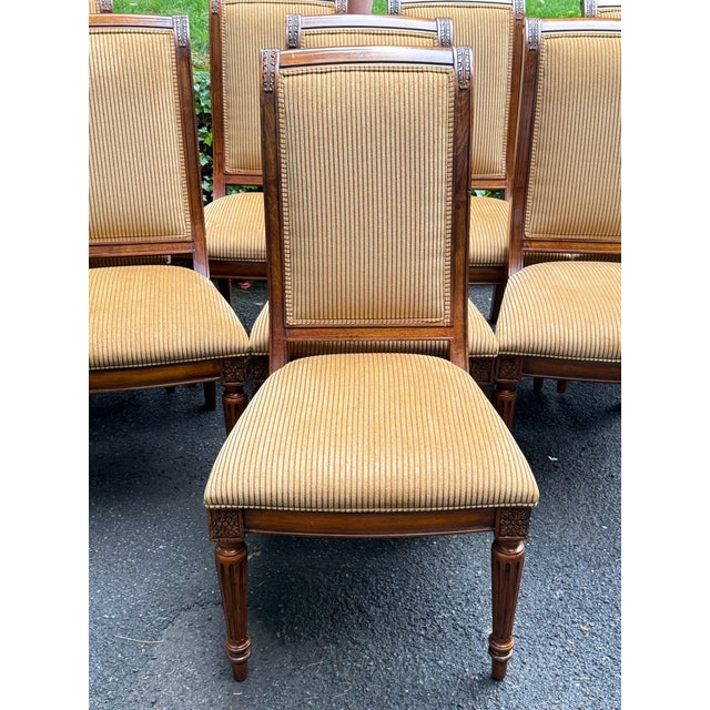 Lovely set of 8 Ethan Allen “Addison” dining chairs from the townhouse collection. Features solid wood frame upholstered...