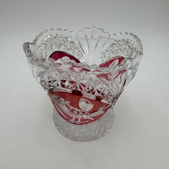 This listing is for 1 jam / jelly jar base 3" 24% lead crystal Pressed, Cut Bird, Ruby Red Accent Discontinued