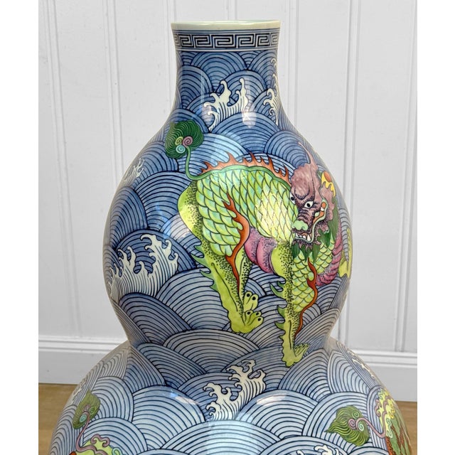 Ceramic Vintage 29" Chinese Kangxi Qing Porcelain Dragon Double-Gourd Floor Vase For Sale - Image 7 of 11