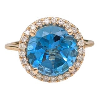 4.4Ct Glam Swiss Topaz Ring With Diamond Accents: Solid 14k Gold, Round 4.5mm, Size 6.75 For Sale