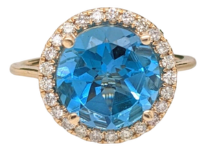 4.4Ct Glam Swiss Topaz Ring With Diamond Accents: Solid 14k Gold, Round 4.5mm, Size 6.75