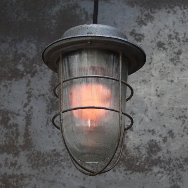 1950s Vintage Industrial Blue Metal and Clear Reeded Glass Cage Pendant Light For Sale - Image 5 of 6