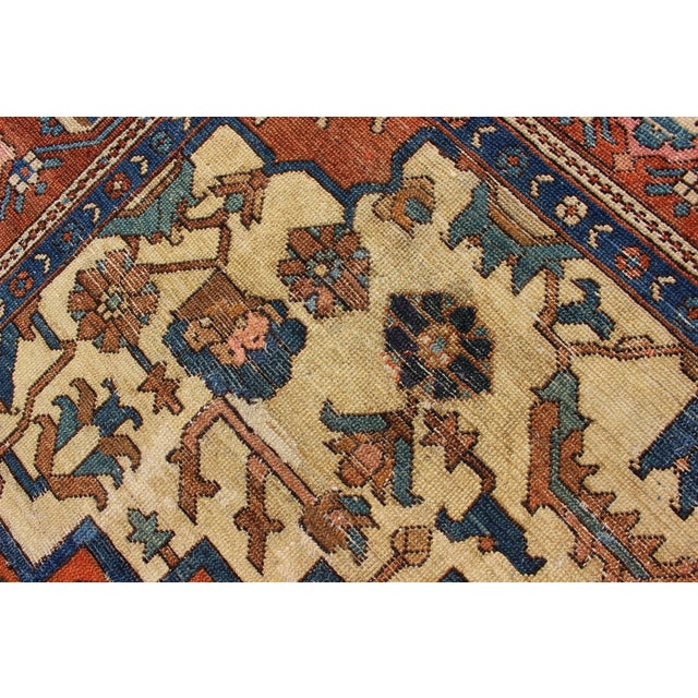 Antique Persian Serapi Rug in Geometric Medallion Design With Orange & Blue 8'2 X 11'3 For Sale - Image 9 of 16