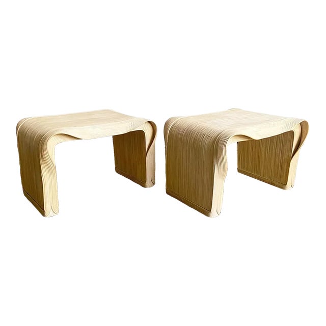 Boho Chic Wavy Ribbon Pencil Reed Side Tables - a Pair For Sale