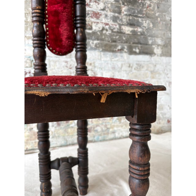 Vintage Spanish Revival Prayer Chairs With Red Velvet Upholstery – Pair For Sale - Image 12 of 18