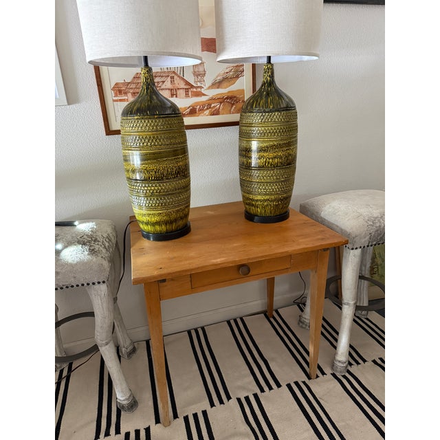 1950s Bitossi Large Vintage Green Textured Lamps Pair For Sale - Image 6 of 9