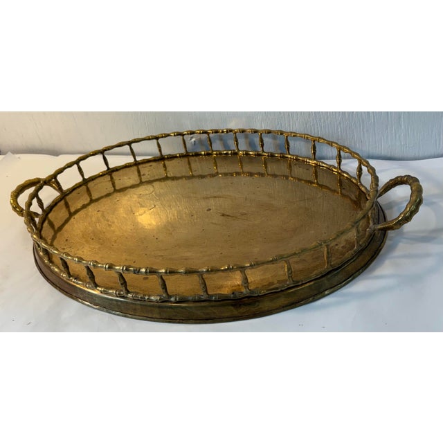 Nice vintage brass serving tray with faux bamboo railing