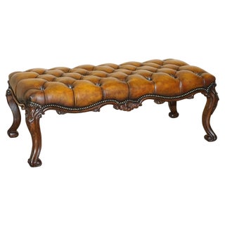 Antique Victorian Hardwood Show Frame Chesterfield Brown Leather Footstool For Sale
