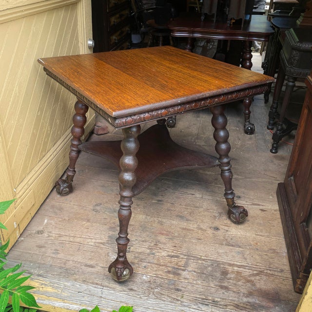 Victorian Late 19th Century Arts and Crafts Era Oak Side Table With Huge Metal and Glass Ball-and-Claw Feet For Sale - Image 3 of 10