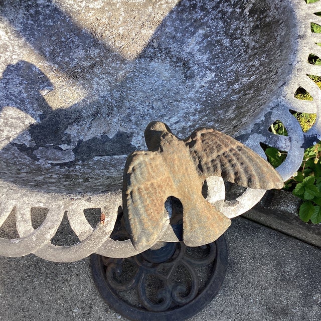 Vintage Bird Bath Aluminum With Iron Filigree Base and Perching Bird Sculpture For Sale - Image 9 of 12