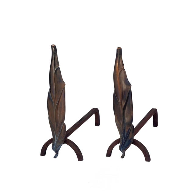 Mid-Century Modern 1950s Leaf Flame, Bronze, and Iron and Irons For Sale - Image 3 of 3