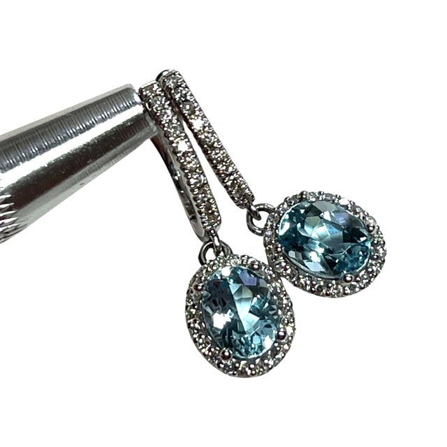 Metal Natural Aquamarine Diamond Dangle Earrings 14k W Gold 2.55 TCW Certified For Sale - Image 7 of 12