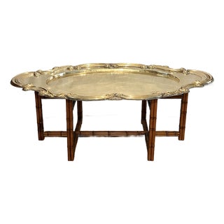 Vintage Hollywood Regency Brass Tray Top on Faux Bamboo Base Coffee Table For Sale