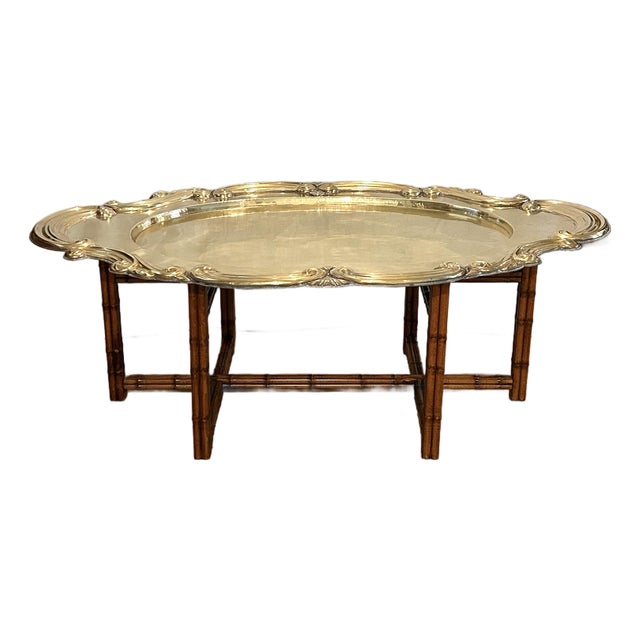 Vintage Hollywood Regency Brass Tray Top on Faux Bamboo Base Coffee Table For Sale