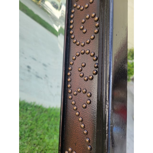 Massive Studded Vintage Octagonal Dark Wood Faux Leather Wall Mirror For Sale - Image 11 of 11