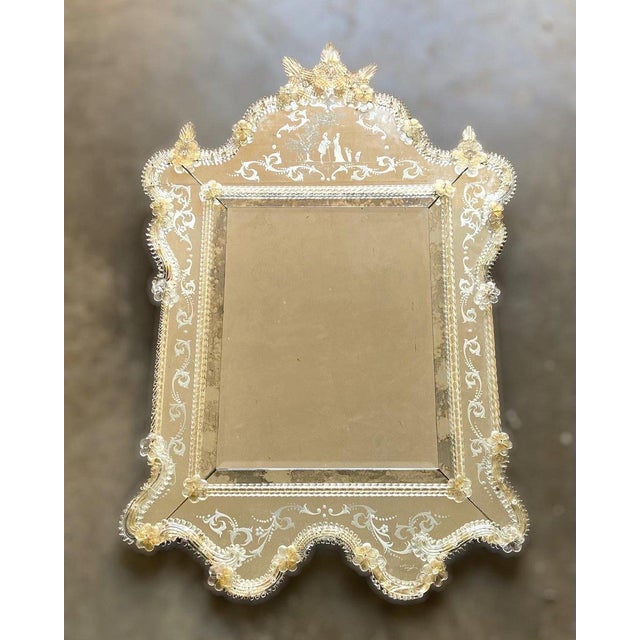 Large Venetian Murano Glass Wall Mirror Etched mirror glass figuring Gentleman and a Lady in courtship. Height 116 cm...