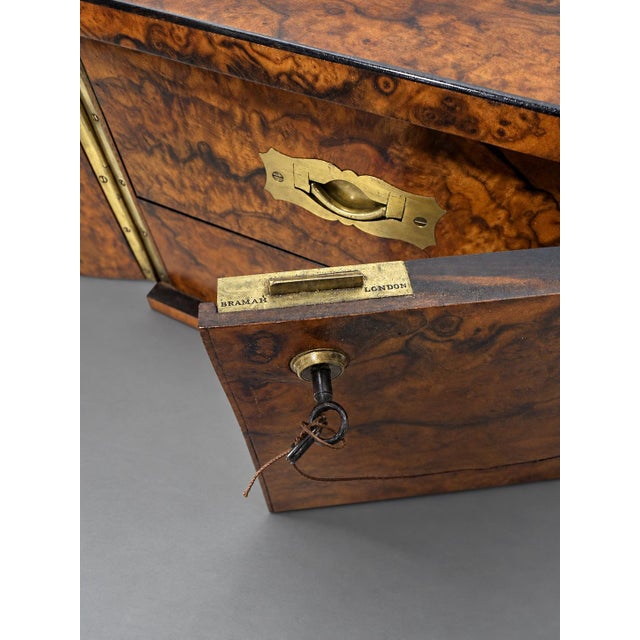 Brass English Victorian Burr Walnut Table Cabinet With Brass Inlay and Bramah Lock For Sale - Image 8 of 10