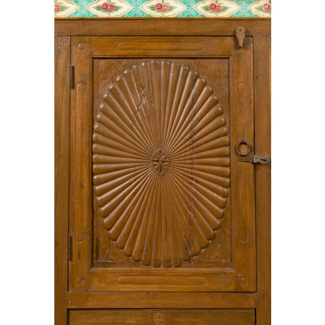 Brown Indian Small Cabinet with Sunburst Design and Hand Painted Tiles with Rose Motif For Sale - Image 8 of 13