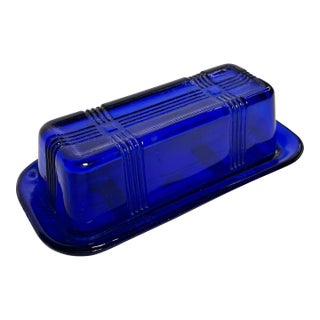 Vintage Art Deco Style Cobalt Blue Glass Depression Glass Butter Dish For Sale