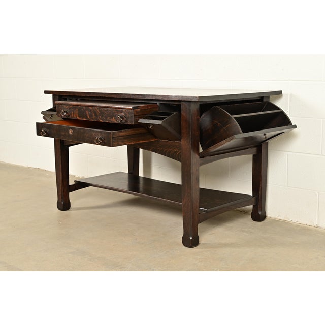 Stickley Brothers Style Antique Mission Oak Arts & Crafts Desk or Library Table, Circa 1910 For Sale In South Bend - Image 6 of 18