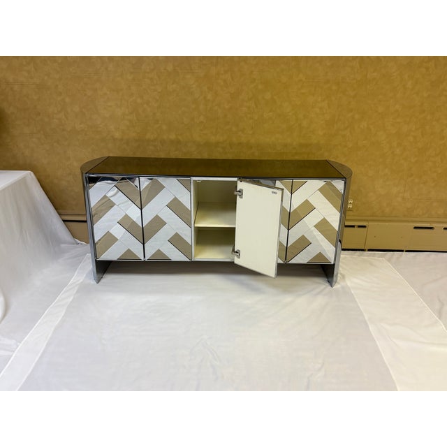 Mirrored Chevron Herringbone Credenza Attributed to Ello , Circa 1970's For Sale - Image 10 of 15