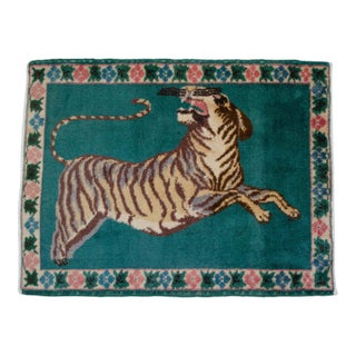 1980s Hand-Knotted Small Turkish Rug, Tiger on Attack Theme Wellcome Mat Entry Decor - 33" X 44" For Sale