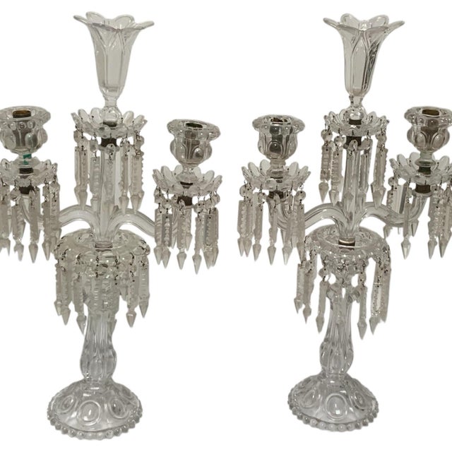 Vintage Pair 14" Modular Crystal 3-Light Candelabras Threaded European Lead Crystal Complete With Prisms For Sale - Image 4 of 12