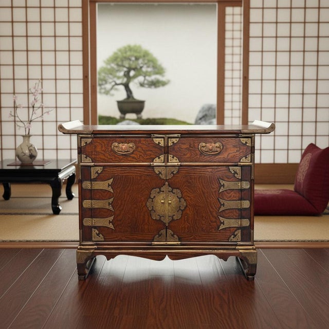 Folk Art Antique Korean Bandaji Chest-Brass Hardware-Locked Cabinet-Asian Furniture-Folk For Sale - Image 3 of 11
