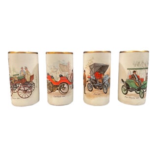 Vintage Automobile Themed Candleholders in Creamware Pottery With Gilded Rim - Set of Four For Sale