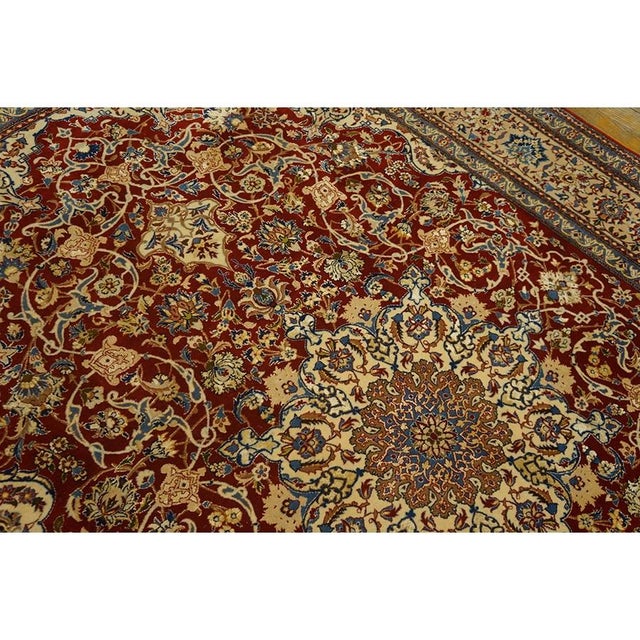 Traditional 1950s Red Field Traditional Medallion Vintage Isfahan Wool Silk Small Carpet Rug For Sale - Image 3 of 9