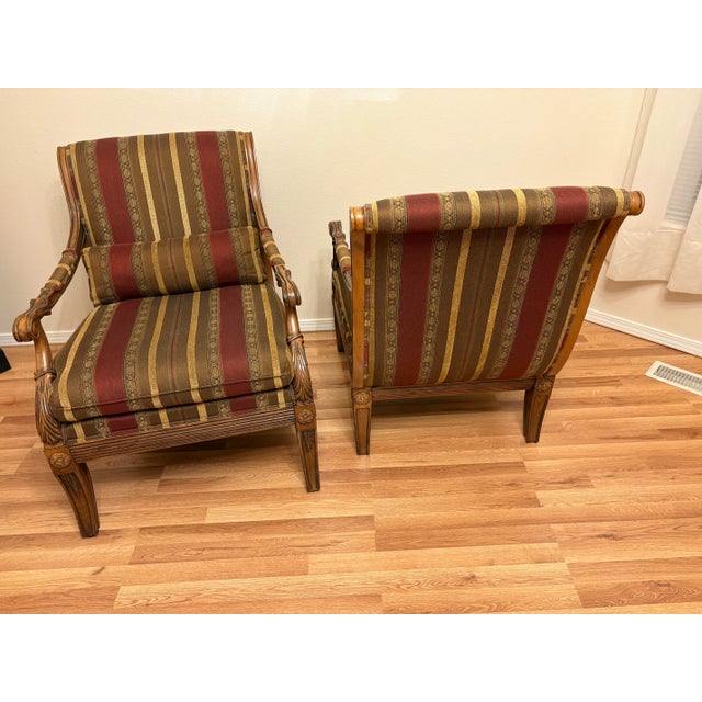 Mid-Century Modern Ethan Allen Hollywood Regency Roma Italian Carved Lounge Chairs, a Pair For Sale - Image 3 of 4
