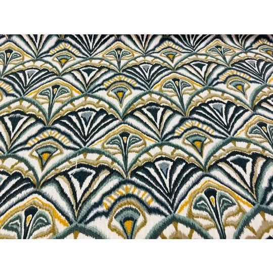 Art Deco Remnant Fabricut Green Mustard Gold Cream Olive Cotton Ikat Bargello Upholstery Drapery Fabric For Sale - Image 3 of 3