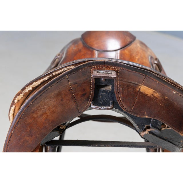 Saddle Style Leather and Metal Bar Stools, Late 20th Century, Set of 2 For Sale - Image 10 of 11