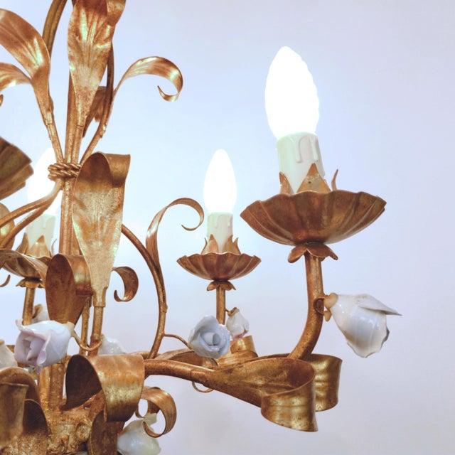 Vintage Hollywood Regency Florentine Five-Arm Metal Chandelier with Porcelain Flowers, 1970s For Sale - Image 14 of 18