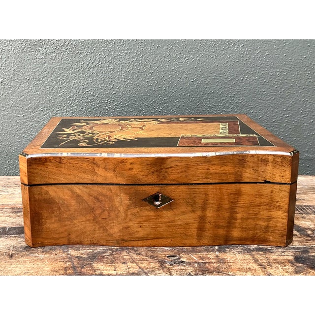 Vintage Wood Inlay Writing Desk With Inkwells For Sale - Image 12 of 14