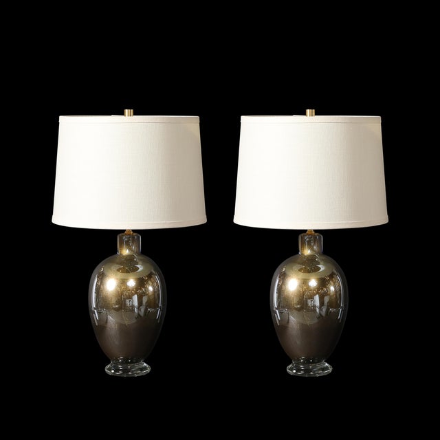 Modernist Hand-Blown Mercury Blue Murano Glass Table Lamps With 24k Gold Flecks For Sale - Image 15 of 16