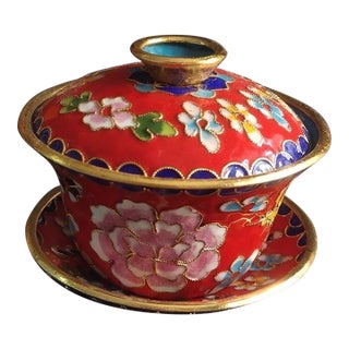 Vintage Chinese Red Cloisonné Enamel Floral "Three-Piece" Tea Bowl Set For Sale