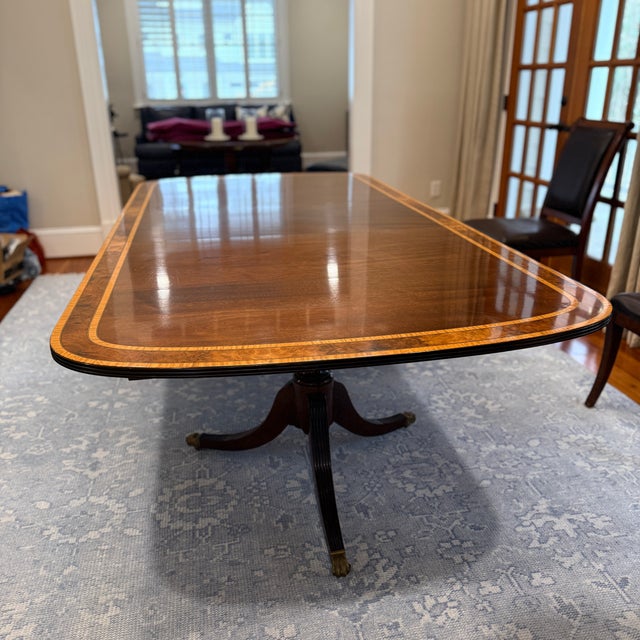 Brown Antique Multi Banded Mahogany Double Pedestal Dining Table For Sale - Image 8 of 12
