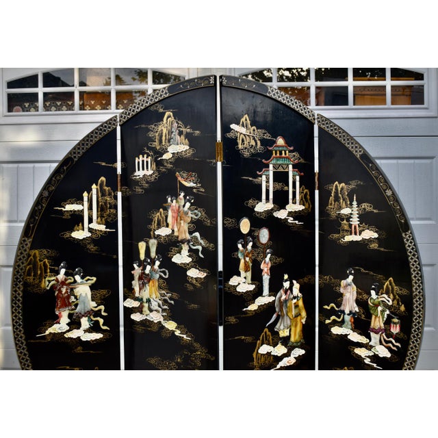 4 Panel Room Divider Vintage Chinese Coromandel Round Screen Black Lacquer For Sale - Image 13 of 16