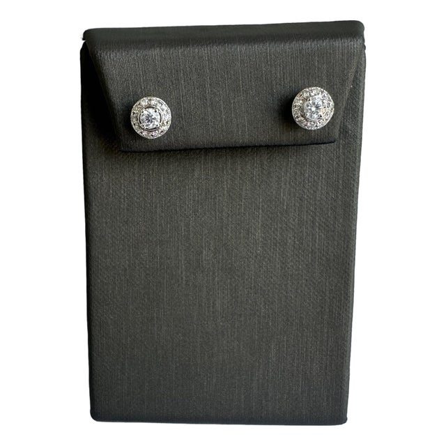 Elegant 14kt White Gold Diamond Halo Stud Earrings, A Pair For Sale