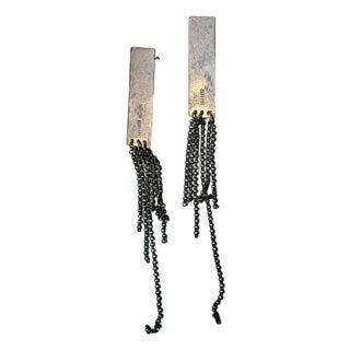 Vintage 1990s Brutalist Brass Gunmetal Chain Fringe Dangle Earrings, Pair For Sale