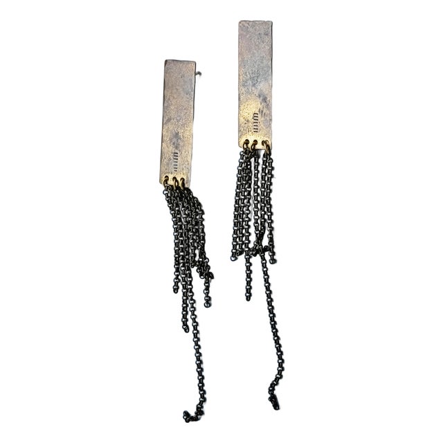 Vintage 1990s Brutalist Brass Gunmetal Chain Fringe Dangle Earrings, Pair For Sale