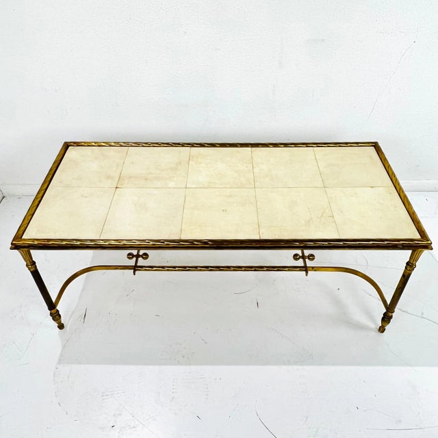 Maison Baguès Mid 20th Century Brass Parchment Top Cocktail Table For Sale - Image 4 of 12