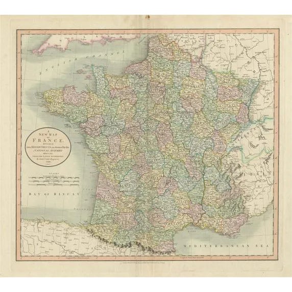 Antique Map of France Divided Into Departments with Original Hand Coloring, 1799 For Sale